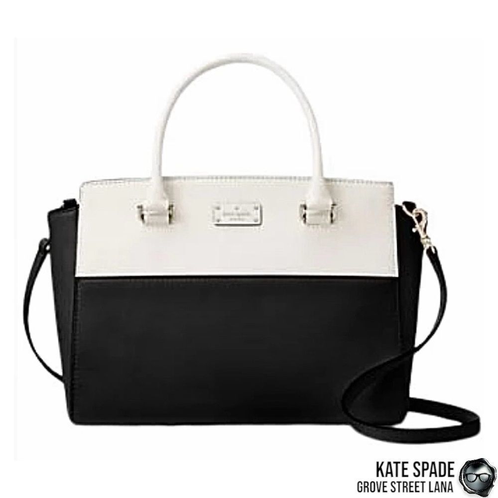 KATE SPADE GROVE STREET LANA LEATHER SATCHEL IN BLACK/CREAM WITH CROSSBODY STRAP